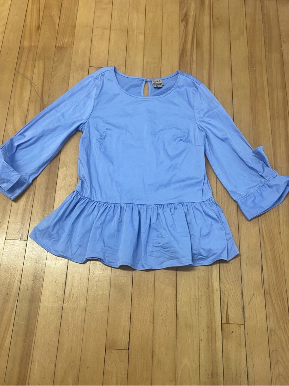 Womens Small Peplum Como Vintage Light Blue Top 3/4 Tie Sleeve Blouse 97% Cotton